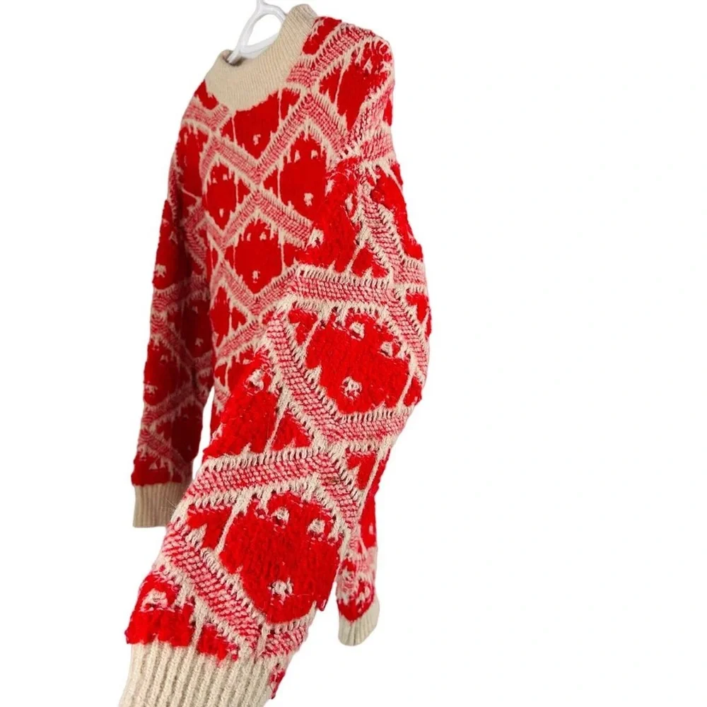 FRNCH Paris WMNS S/M Red Argyle Wool Blend Long Sleeves Pullover Sweater Winter